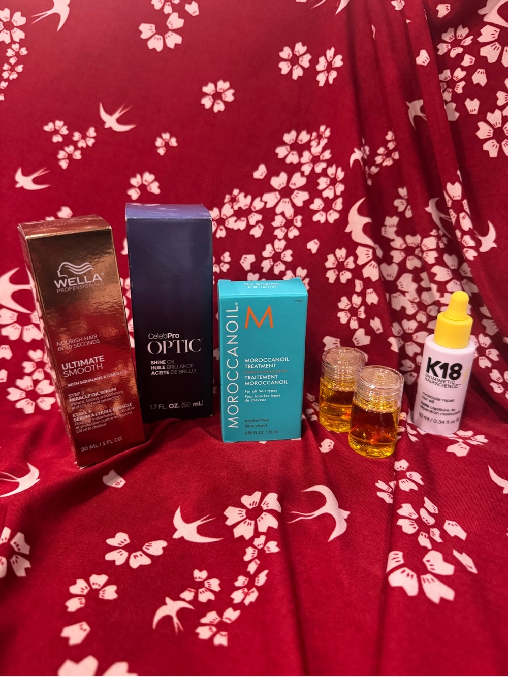 Wella, Moroccanoil, CelebPro, Olaplex and K18 hair oil bundle